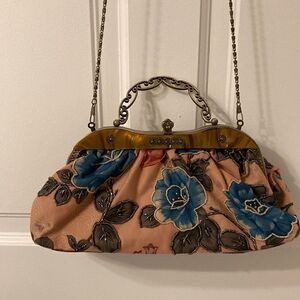 Vintage Inspired Dusty Rose and Blue Floral Handbag with Beaded Accents.